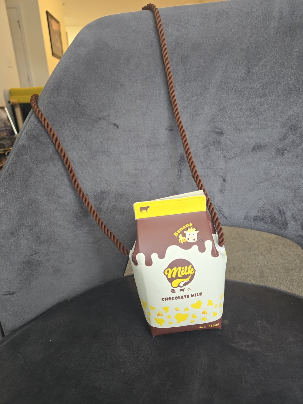 Novelty Chocolate Milk Carton Crossbody Bag in Brown & Yellow